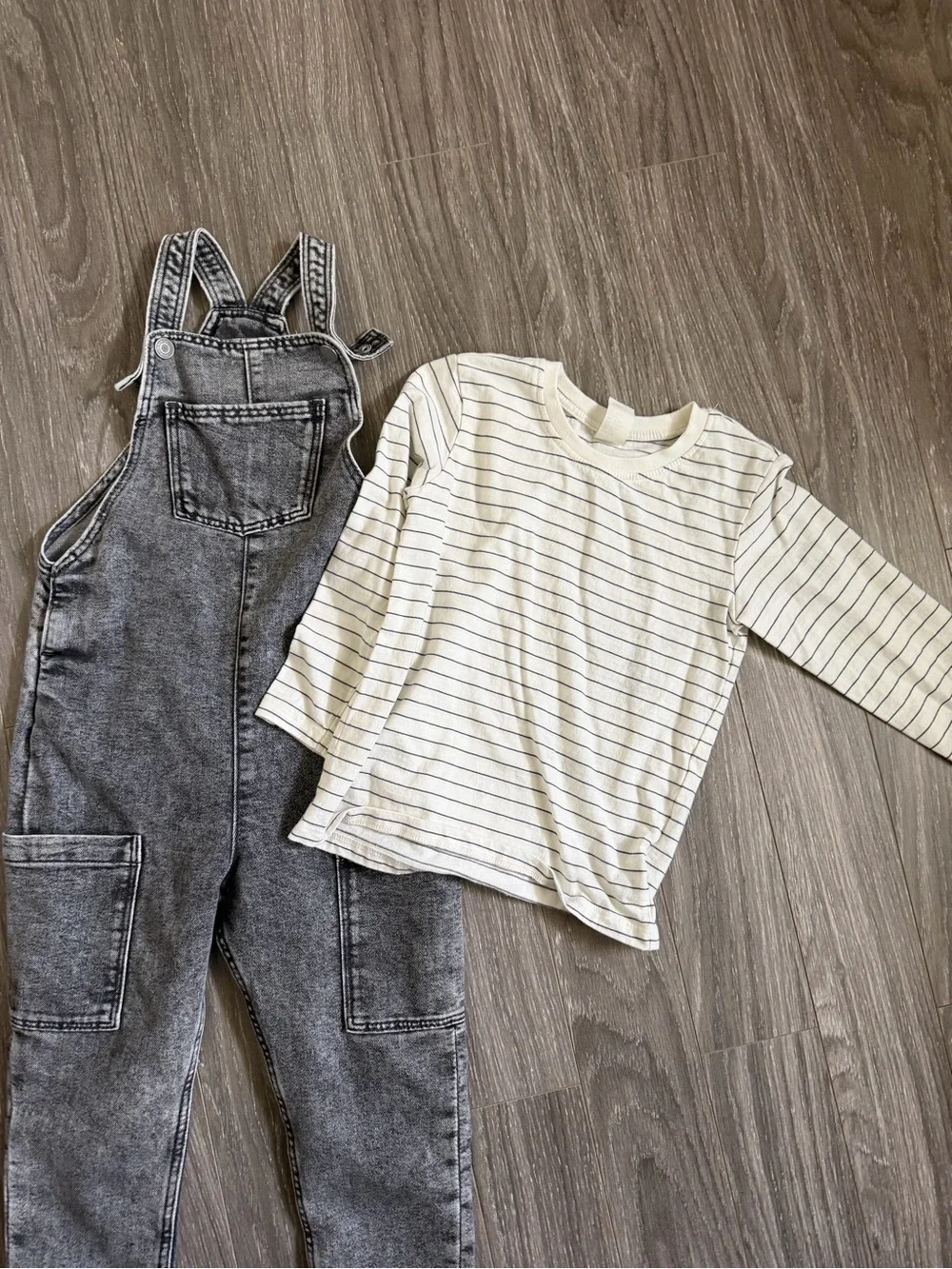 H&M Black & White Striped Top with Acid-Wash Denim Overalls